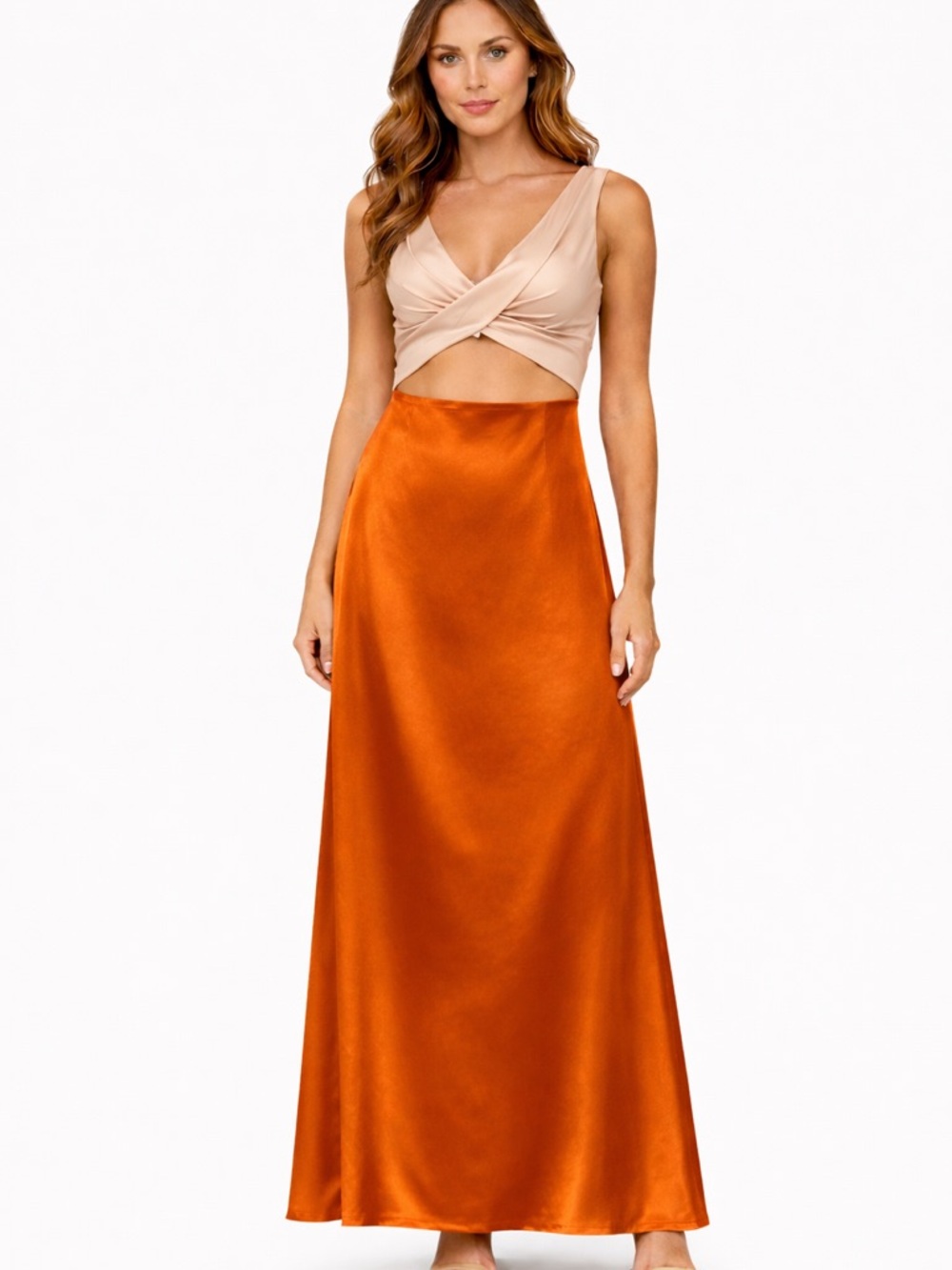 Satin Cutout Maxi Dress Two Tone Champagne & Rust Orange Colorblock